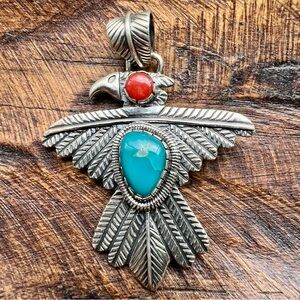 Sterling Silver Thunderbird Pendant Turquoise Red Coral Southwestern Handmade